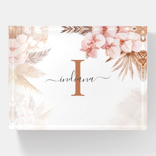 Pampas Grass Monogram Initial Name Script Paperweight (Front)