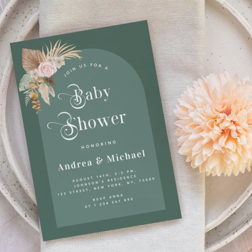 Pampas Grass Moss Green Boho Arch Baby Shower Invitation