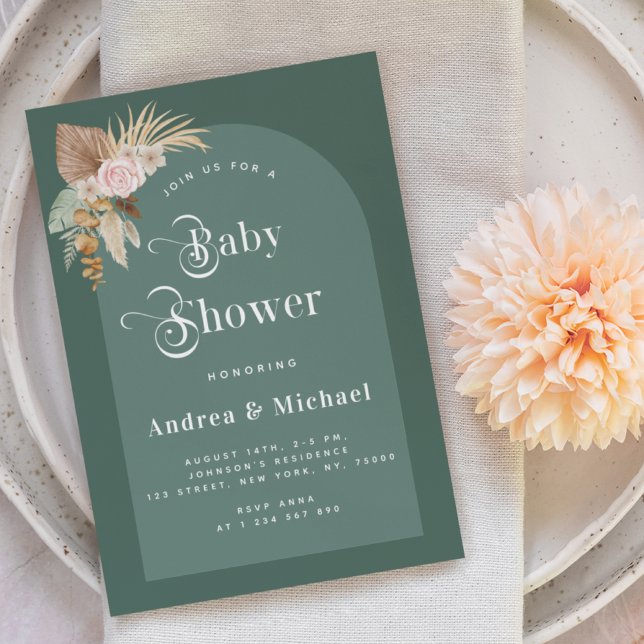Pampas Grass Moss Green Boho Arch Baby Shower Invitation (Creator Uploaded)