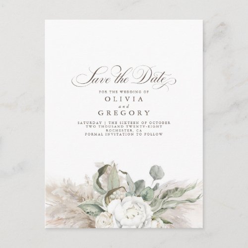 Pampas Grass Natural Floral Boho Save the Date Announcement Postcard