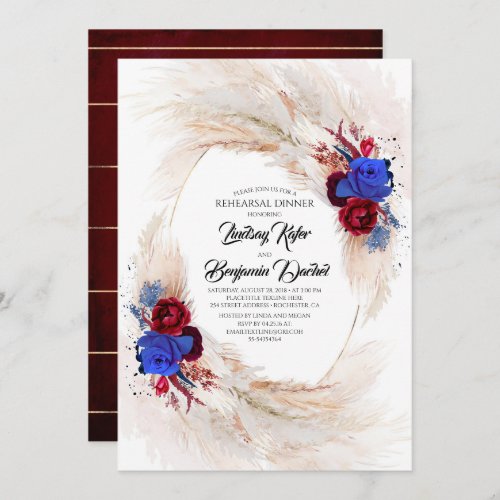 Pampas Grass Navy Blue and Red Rehearsal Dinner Invitation