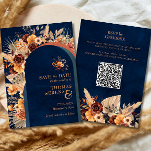 Pampas Grass Navy Blue Save The Date QR Code  Invitation