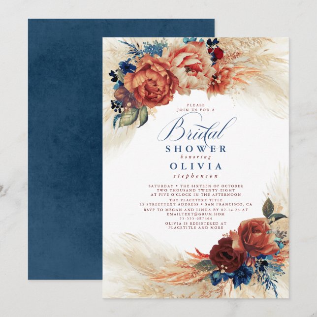 Pampas Grass Navy Blue Terracotta Bridal Shower Invitation (Front/Back)