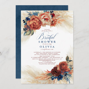 Pampas Grass Navy Blue Terracotta Bridal Shower Invitation