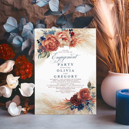 Pampas Grass Navy Blue Terracotta Engagement Party Invitation