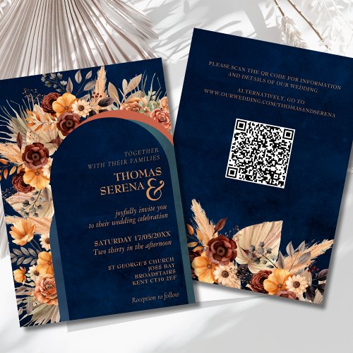 Pampas Grass Navy Blue Terracotta Fall QR Code  Invitation