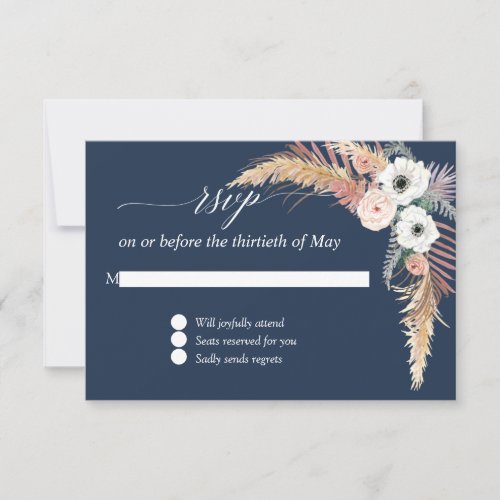 Pampas Grass Navy Pink Watercolor Floral RSVP