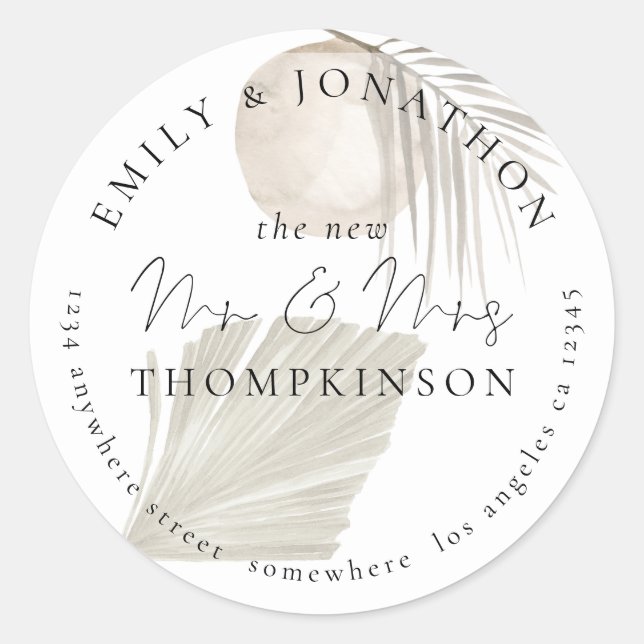 Pampas Grass Newlyweds Return Name Address Classic Round Sticker (Front)
