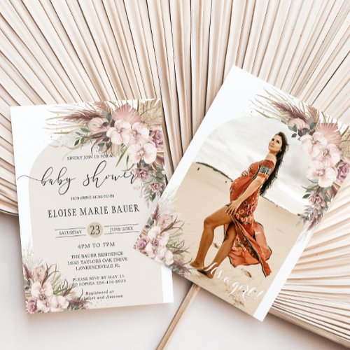 Pampas Grass Orchid Floral Arch Baby Shower Photo Invitation