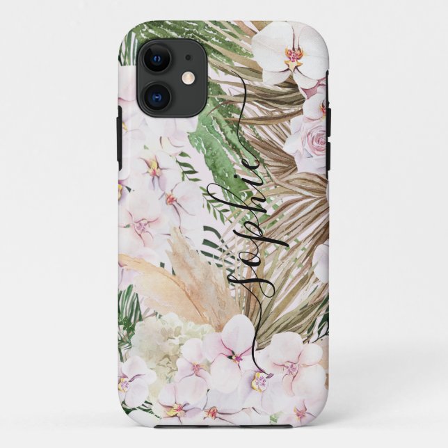 Pampas grass, orchid, tropical foliage script text Case-Mate iPhone case (Back)