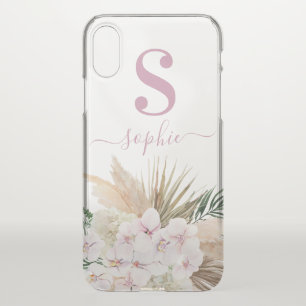 Pampas grass, orchid, tropical foliage script text iPhone x case