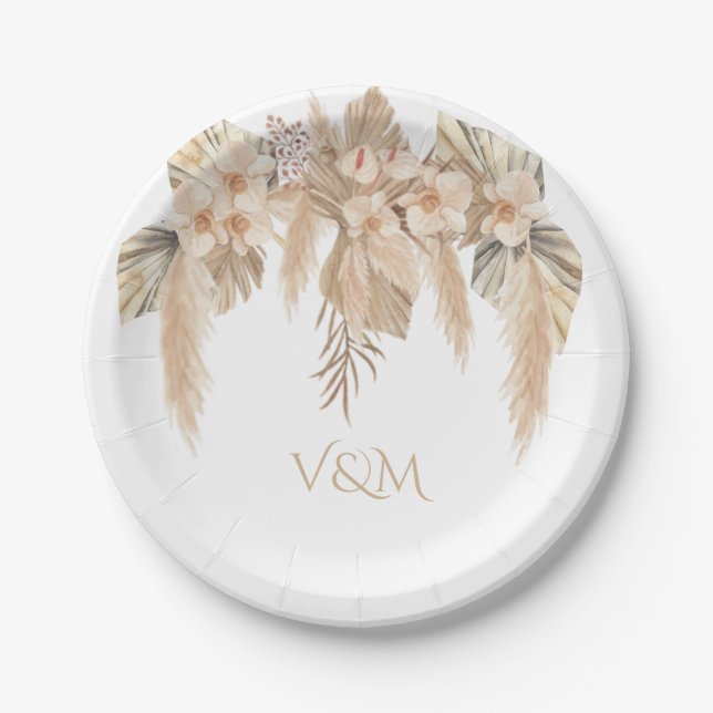 Pampas Grass Orchids Topical Boho Paper Plates (Front)