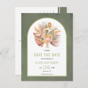 Pampas grass, palm leaves green Save the Date Postcard