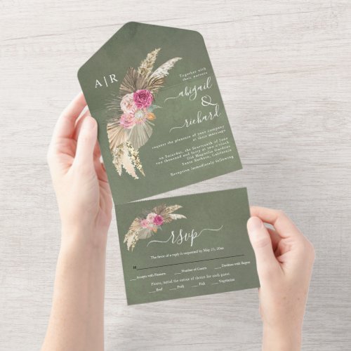 Pampas grass palm leaves green stained wedding all in one invitation
