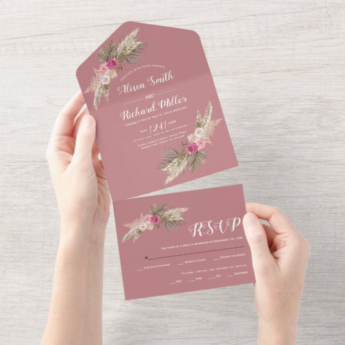 Pampas grass palm leaves roses dusty rose wedding all in one invitation