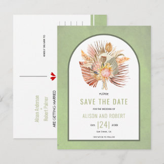 Pampas grass, palm leaves sage green Save the Date Postcard