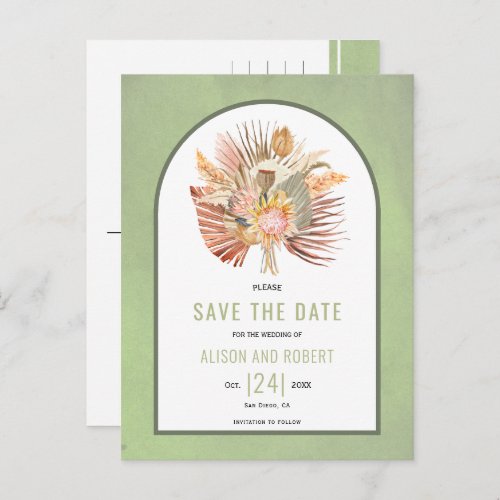 Pampas grass palm leaves sage green Save the Date Postcard