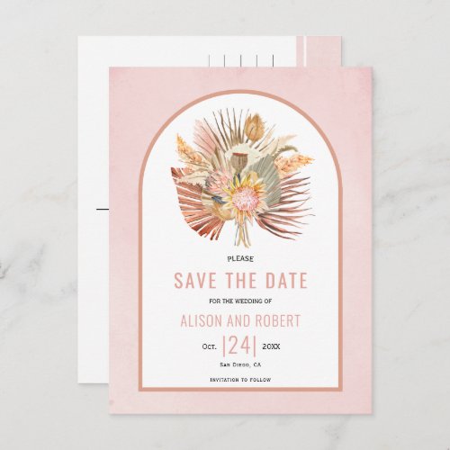 Pampas grass palm leaves soft pink Save the Date Postcard