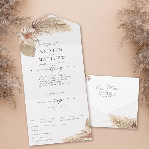 Pampas Grass Palm Watercolor Meal Wedding All In One Invitation