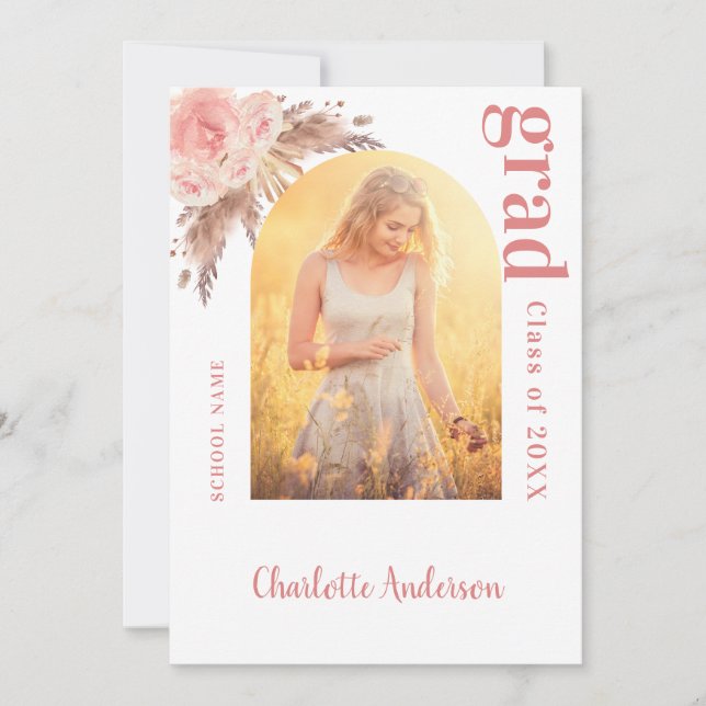 Pampas grass photo blush graduation announcement (Front)