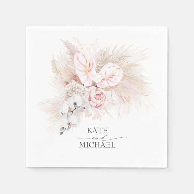 Pampas Grass Pink Anthuriums Elegant Tropical Napkins (Front)