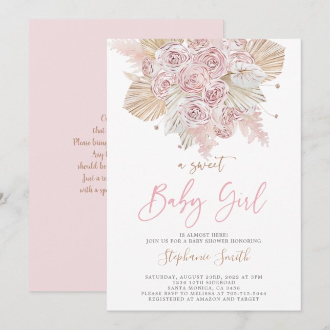 Pampas Grass Pink Baby Shower girl Invitation (Front/Back)
