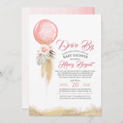 Pampas Grass Pink Balloon Drive By Baby Shower Invitation