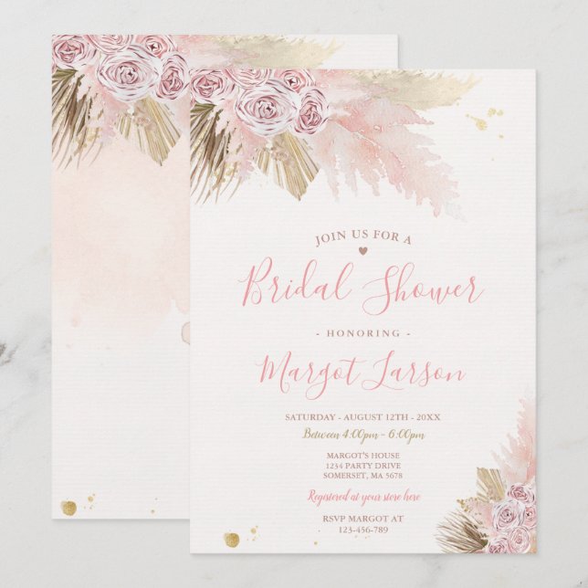 Pampas Grass Pink Bohemian Desert Bridal Shower Invitation (Front/Back)