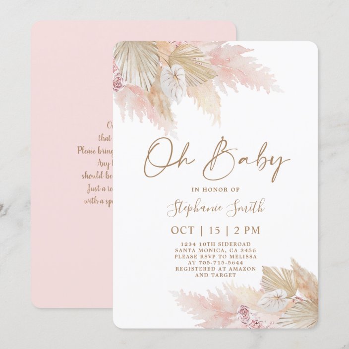 Pampas Grass Pink Boho Chic Baby Shower Girl Invitation Zazzle