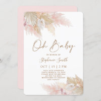 Pampas Grass Pink Boho Chic Baby Shower Girl Invitation