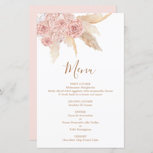 Pampas Grass pink Boho Chic Menu Card (Front/Back)