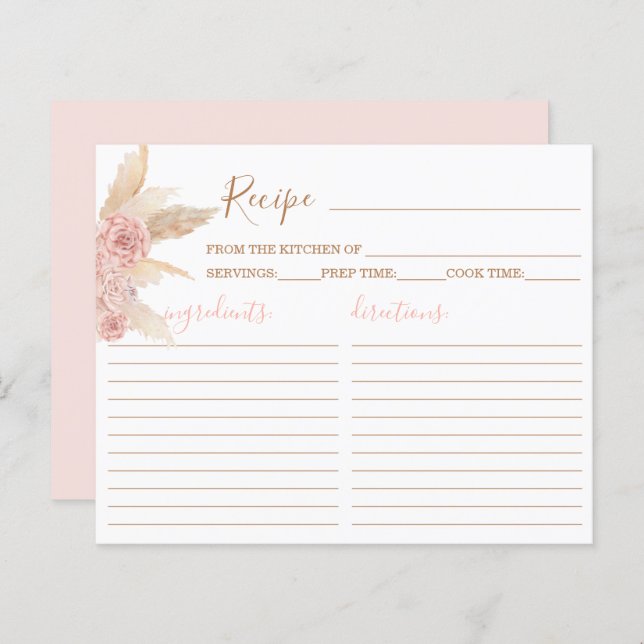 Pampas Grass Pink Boho Chic Recipe Card (Front/Back)