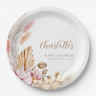 Pampas Grass Pink Brown Floral   Baby Shower  Paper Plates