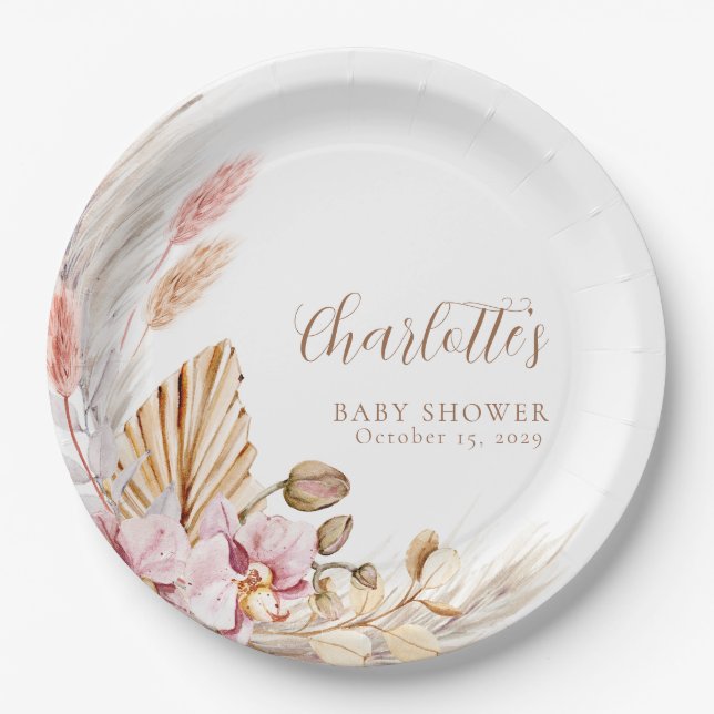 Pampas Grass Pink Brown Floral | Baby Shower  Paper Plates (Front)