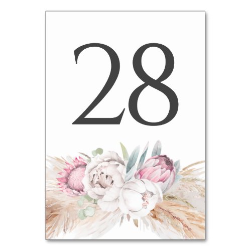 Pampas Grass Pink Flora Wedding Table Number Cards