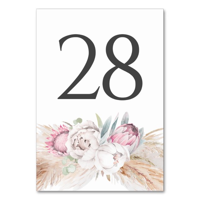 Pampas Grass Pink Flora Wedding Table Number Cards (Front)