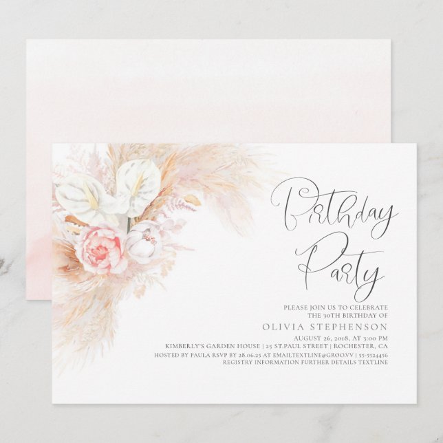Pampas Grass Pink Floral Any Age Birthday Invitation (Front/Back)