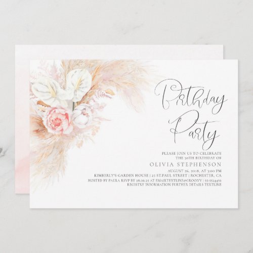 Pampas Grass Pink Floral Any Age Birthday Invitation