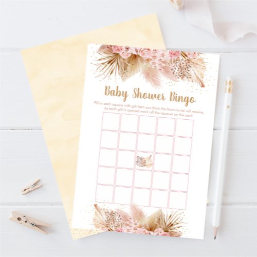 Pampas Grass Pink Floral Baby Shower Bingo Game Invitation