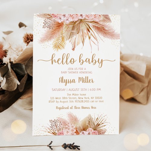 Pampas Grass Pink Floral Baby Shower Invitation