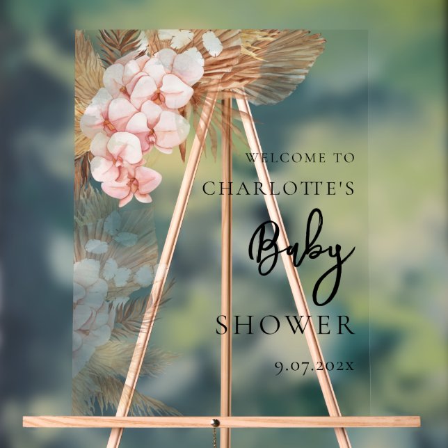 Pampas Grass Pink Floral Baby Shower Welcome Acrylic Sign (Neutral)