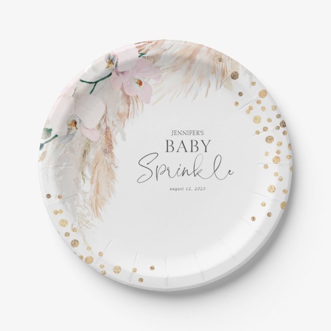 Pampas Grass Pink Floral Baby Sprinkle Paper Plates (Front)
