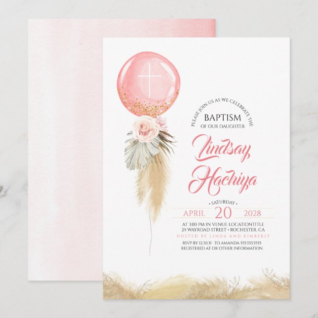 Pampas Grass Pink Floral Balloon Baptism Invitation (Front/Back)