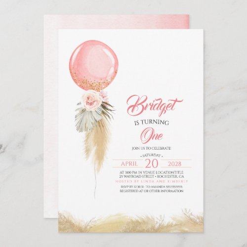 Pampas Grass Pink Floral Balloon Exotic Birthday Invitation