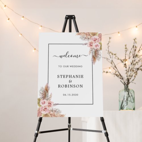 Pampas Grass Pink Floral Boho Wedding Welcome  Foam Board