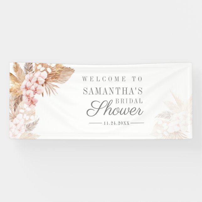 Pampas Grass Pink Floral Bridal Shower Banner (Horizontal)