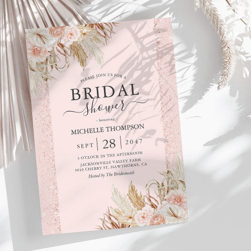 Pampas Grass Pink Floral Bridal Shower Invitation