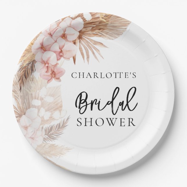 Pampas Grass Pink Floral Bridal Shower Paper Plates (Front)