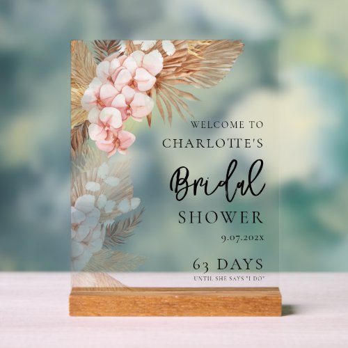 Pampas Grass Pink Floral Bridal Shower Welcome Acrylic Sign