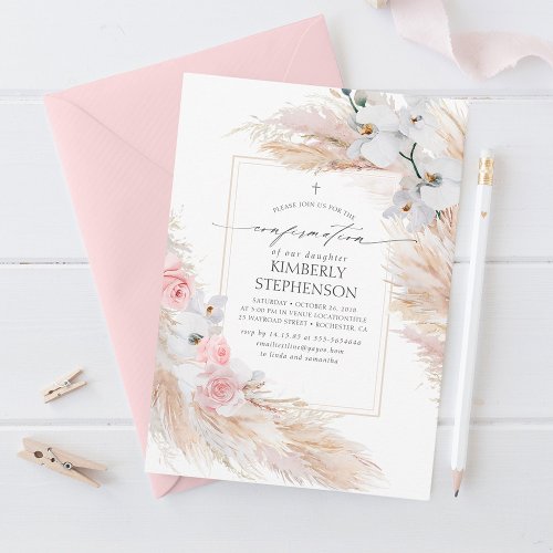 Pampas Grass Pink Floral Confirmation Invitation